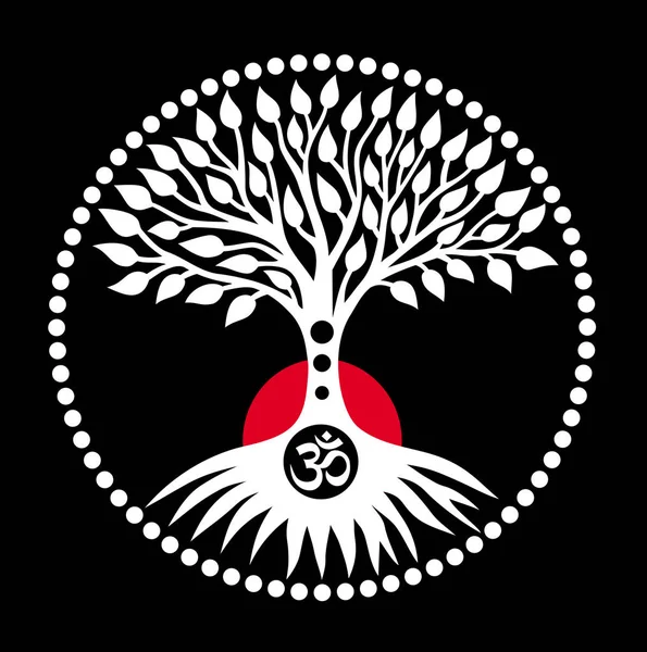 Yaşam ağacı kırmızı güneşe karşı siyah arka planda daire şeklinde mandala. Ruhani sembolik sembol. Vektör sanat grafikleri.