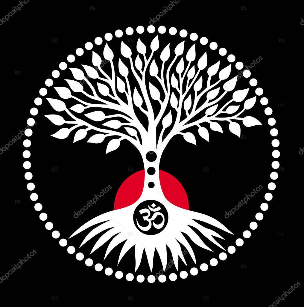 Tree of life against the red sun in circle mandala on a black background. Spiritual symbolic symbol.Vector art graphics.
