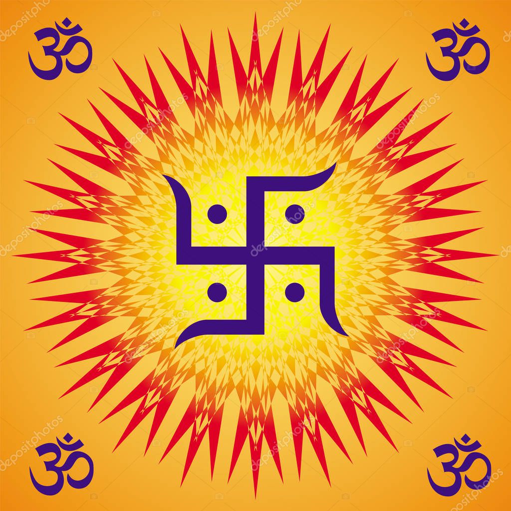 A Square circular orange mandala with aum / om  / ohm signs in the corners and a swastika, a rotation element in the center. Vector art graphic.