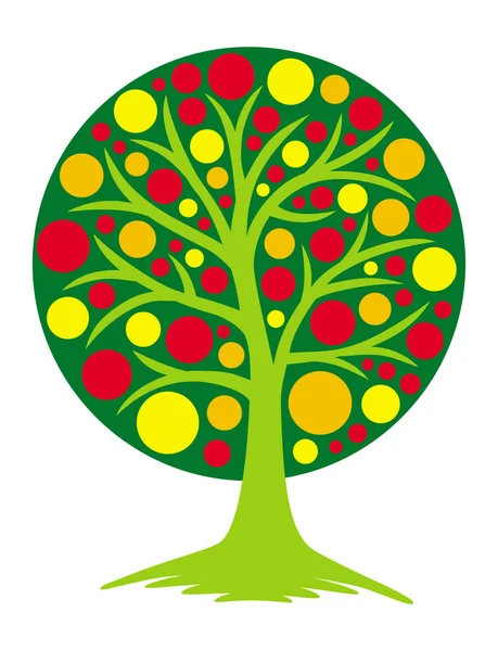 Dibujo Simbólico Del Logotipo Del Árbol Vida Ecología Verde Rojo — Vector de stock