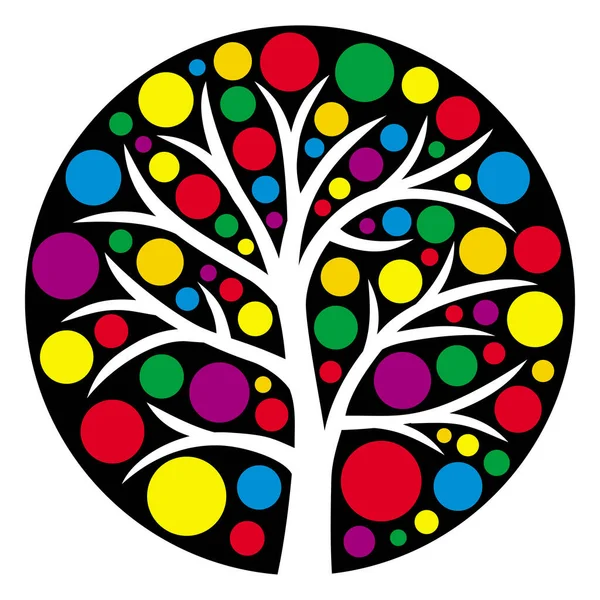 Den Symboliska Teckningen Livets Träd Logotyp Ekologi Gröna Röda Gula — Stock vektor