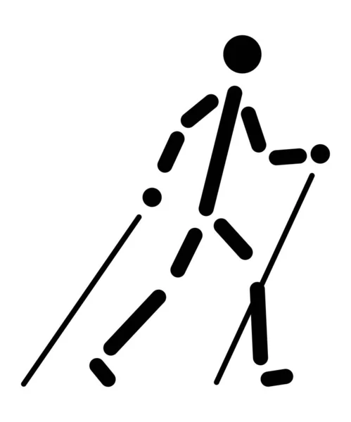 トレッキングポールを持つ歩行者のシルエット 漫画のキャラクタードローイング ロゴタイプ ノルディックウォーキング ベクトルグラフィックス — ストックベクタ