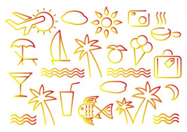 Tema üzerine ikon koleksiyonu - turizm, tropik yerler, seyahat. Kırmızı ve sarı. Vektör sanatı grafiği