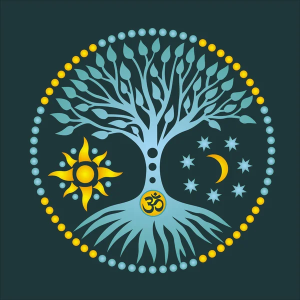 The tree of life with the sun and the moon and sign aum / om,  in the center of the circle of the mandala. Stylized symbolic picture. Vector art graphic.