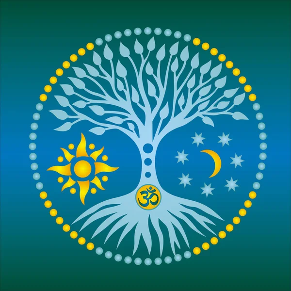 Дерево Жизни Солнцем Луной Знак Aum Центре Круга Мандалы Стилизованная — стоковый вектор