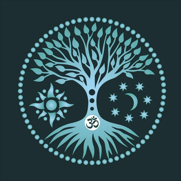 Дерево Життя Сонцем Місяцем Підписати Aum Центрі Кола Мандали Стилізована — стоковий вектор