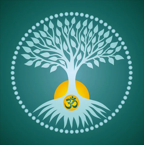 The tree of life in the center of the mandala. Sign om / aum, sun and moon. Spiritual mystical ecological symbol. Vector art graphic.