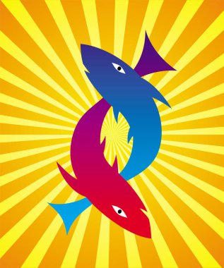 Sarı-turuncu arkaplanda birbirinden ayrılan ışınlar halesindeki iki balığın sembolik çizimi. Zodiac işareti, sembol. Vektör sanatı grafiği.