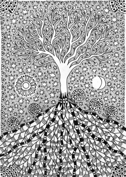 The tree of life. Graphic drawing  black and white. Mystical graphics art picture of gel pens. Pixel graphics.