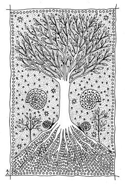 Yaşam ağacı siyah ve beyaz. Maneviyat, büyüme, gelişme, sürdürülebilirlik sembolü. Piksel sanat grafikleri.