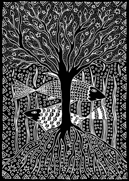 Lebensbaum Krone Und Wurzeln Sonne Mond Grafische Zeichnung Weißes Bild — Stockfoto