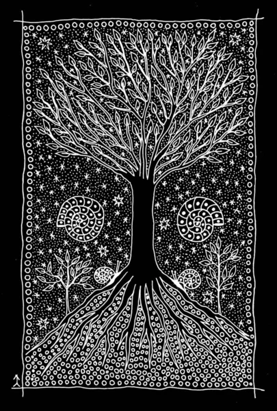 Tree of life, crown and roots, sun, moon. Graphic drawing - white picture against a black background. Mystical graphics of gel pens. Pixel graphics art