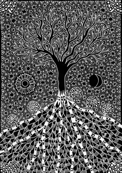 Der Baum Des Lebens Grafische Zeichnung Weißes Bild Vor Schwarzem — Stockfoto