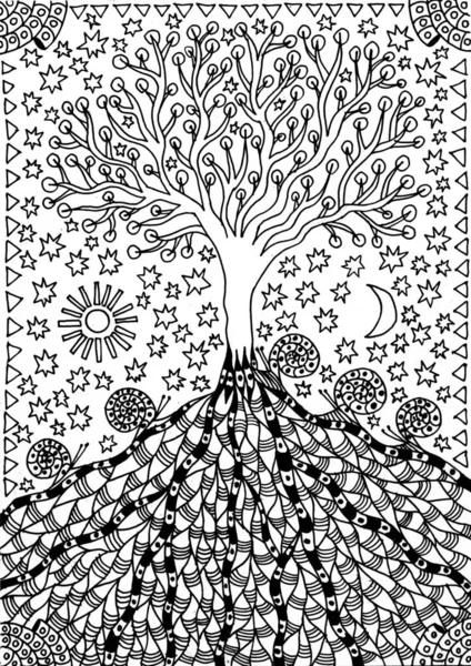 The tree of life, sun, moon and stars sky. Graphic drawing  black and white. Mystical graphics art picture of gel pens. Pixel graphics.