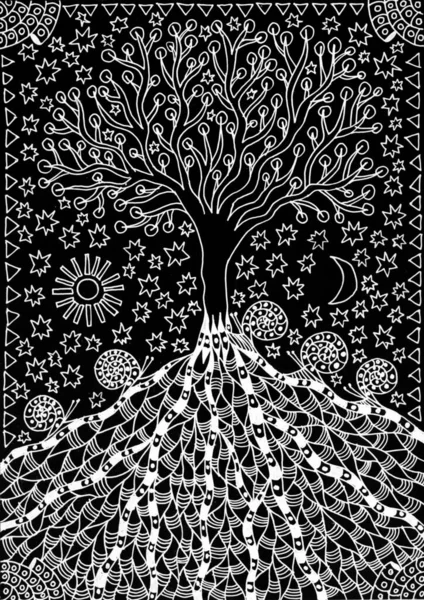 Strom Života Grafická Kresba Bílý Obrázek Černém Pozadí Mystická Grafika — Stock fotografie