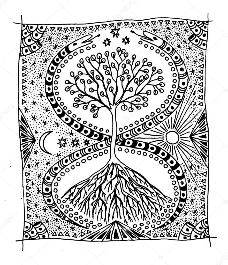 Tree of life, crown and roots, Sun, moon, two snakes in the form of a figure eight. Graphic drawing - black and white picture. Mystical graphics of gel pens. Pixel graphics.