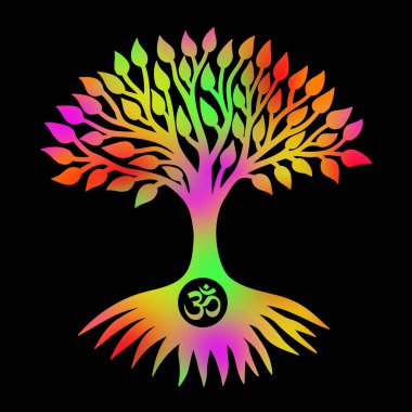 Siyah arka planda om / aum / ohm işareti olan yaşam ağacı. Ruhsal mistik ve çevresel sembol. Piksel sanat grafiği.