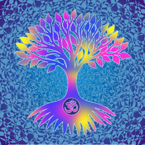 The tree of life with an om / aum/ ohm sign on a blue openwork background. Spiritual mystical and environmental symbol. Pixel art graphic.