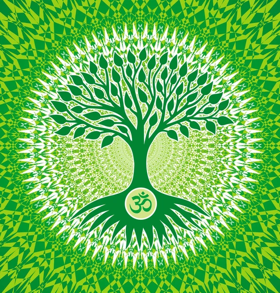 Livets Träd Med Aum Ohm Skylt Grön Öppningsbakgrund Andlig Mystik — Stock vektor