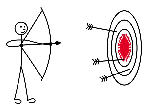 Dessinateur Tirant Arc Sur Une Cible Avec Coronavirus Symbole Lutte — Image vectorielle