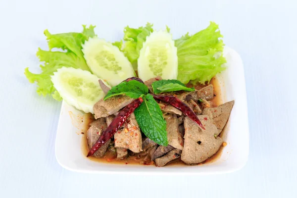 Hot spicy thai cuisine pork liver salad — Stock Photo, Image