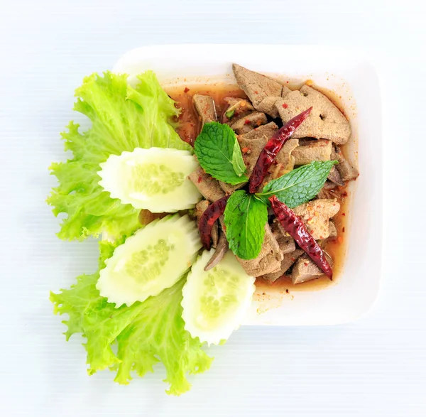 Hot spicy thai cuisine pork liver salad — Stock Photo, Image