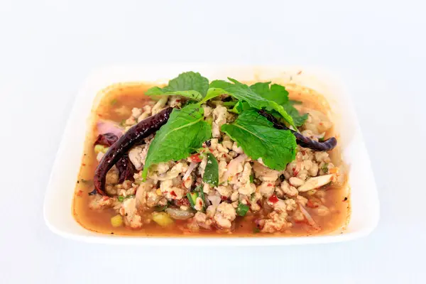 Hot spicy thai cuisine minced pork salad — Stock Photo, Image