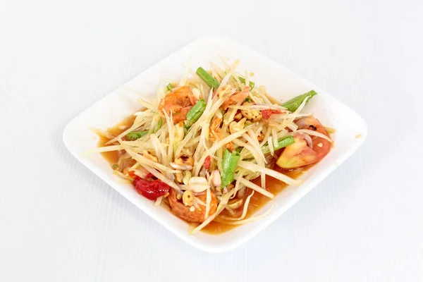 Thai food papaya salad on white dish — Stock Photo, Image