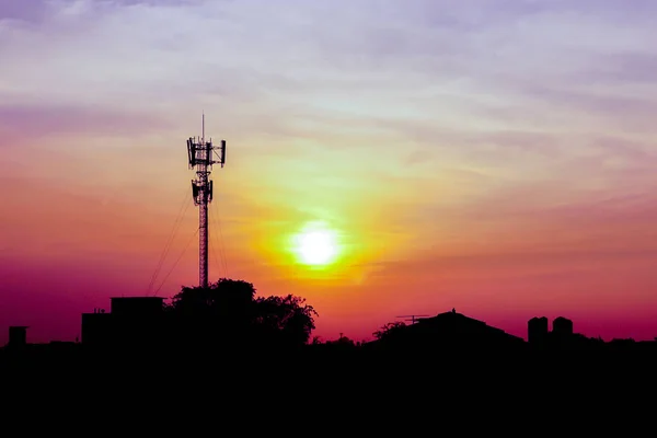 Hora Crepúsculo Cidade Bangkok Com Pólo Rádio Silhueta — Fotografia de Stock