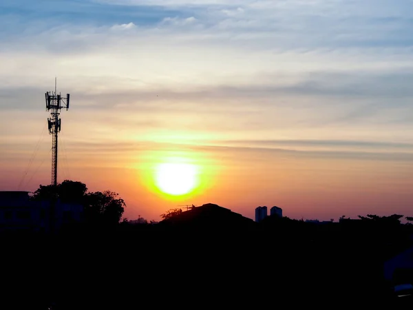 Crepúsculo Del Paisaje Urbano Bangkok Con Silueta Poste Radio Con — Foto de Stock