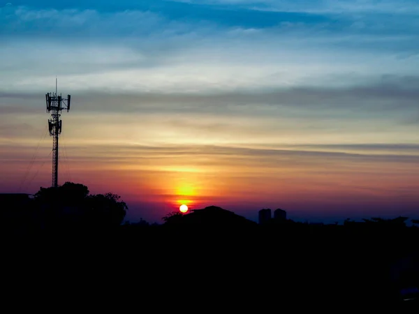 Crepúsculo Del Paisaje Urbano Bangkok Con Silueta Poste Radio Con —  Fotos de Stock