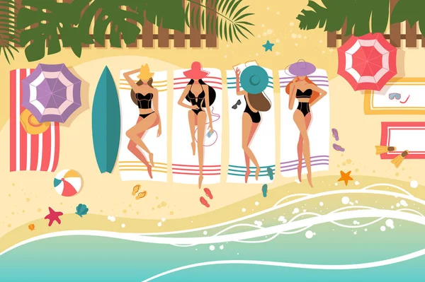 Χαριτωμένα κορίτσια ηλιοθεραπεία στην παραλία — Διανυσματικό Αρχείο