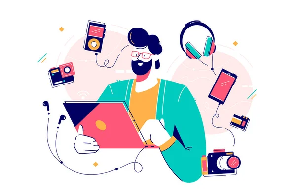 Male character surrounded with gadgets flat design — Stock Vector