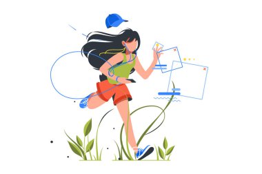 Dışarıda telefon ve kulaklıkla koşan bir kız.