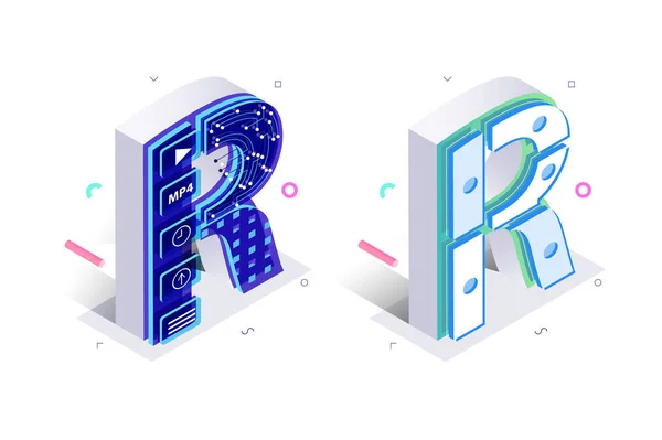 Синя 3d ізометрична літера R зроблена з мобільним віртуальним стилем — стоковий вектор