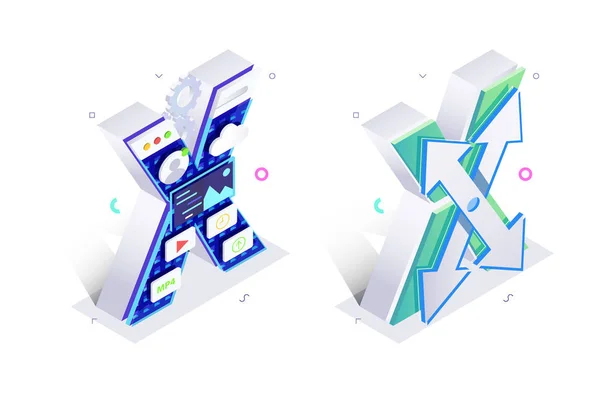 Bleu 3d isométrique lettre X faite avec le style Internet virtuel — Image vectorielle