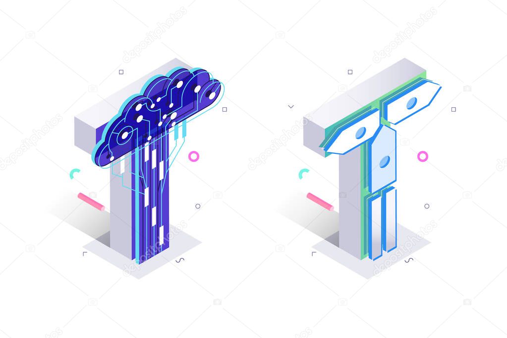 Blue 3d isometric letter T made with cellular virtual style