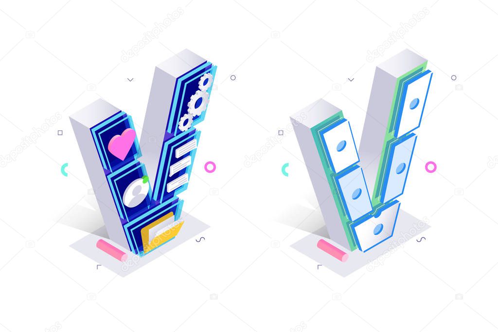 Blue 3d isometric letter V made with cellular virtual style