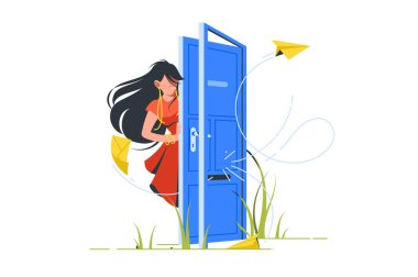 Abstract vector illustration of woman opening door for unsubscribe. clipart