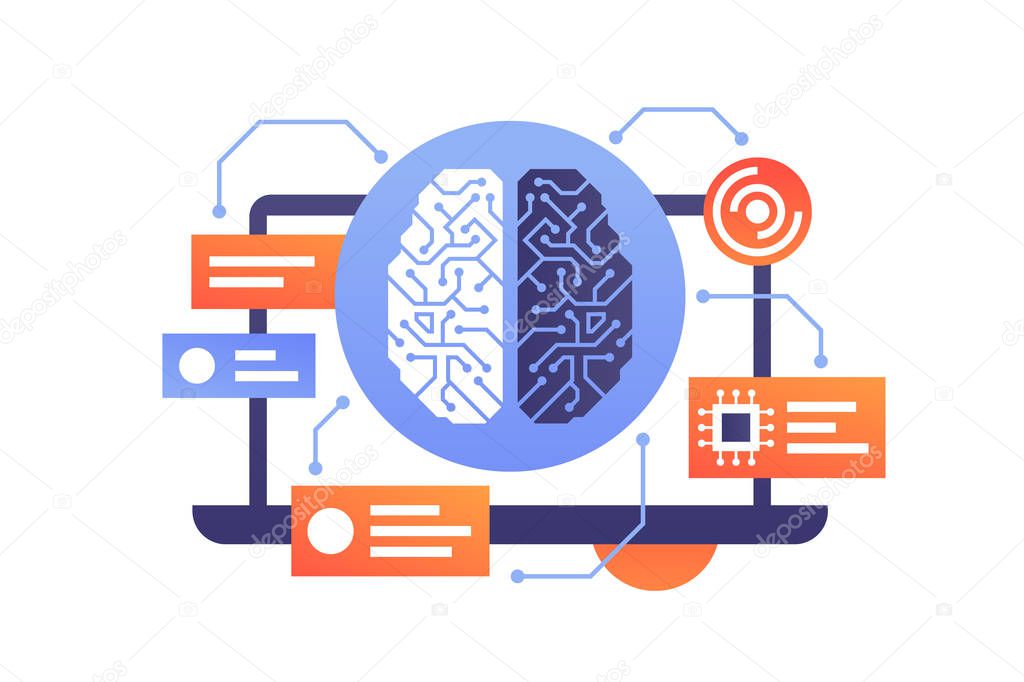 Artificial intelligence of modern technology brain in laptop. Isolated concept device with message box using ai and new processor. Vector illustration.