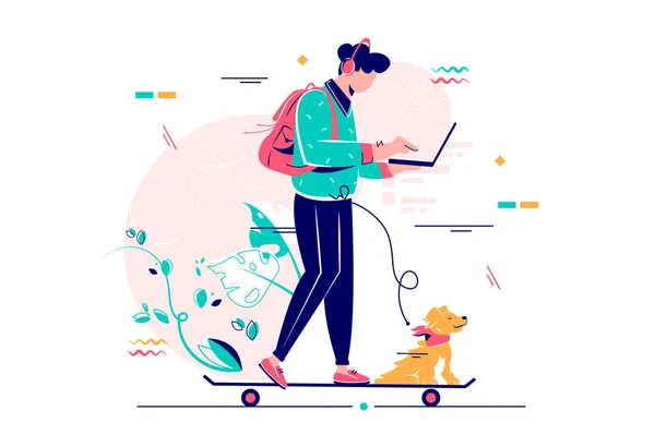 Joven freelancer con perro usando portátil ejecutar en monopatín . — Vector de stock