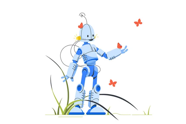 快乐的人形机器人站在蝴蝶中间. — 图库矢量图片