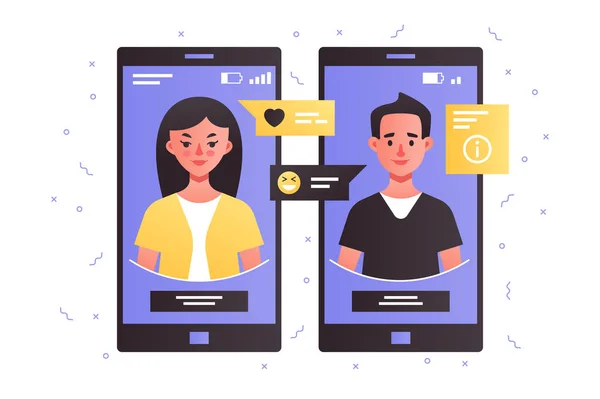 Man och kvinna pratar med hjälp av smartphone — Stock vektor