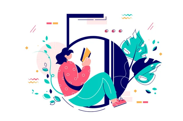 Mujer leyendo libro sentado en el número cinco — Vector de stock