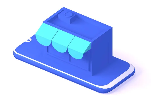 3D izometrický online mobilní obchod v modré barvě. — Stock fotografie