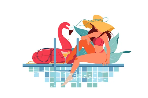 Atrakcyjna sylwetka młodej kobiety z kapeluszem przy basenie pijącej świeże. — Wektor stockowy