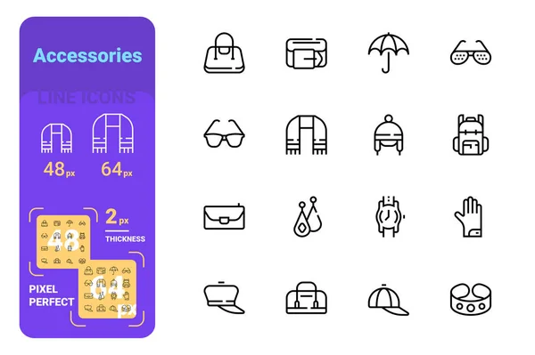 Set accessoires lignes simples icônes de sac à main, lunettes, détails de vêtements . — Image vectorielle