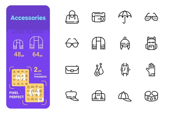 アクセサリーセットシンプルなラインアイコンのハンドバッグ、眼鏡、服の詳細. — ストックベクタ