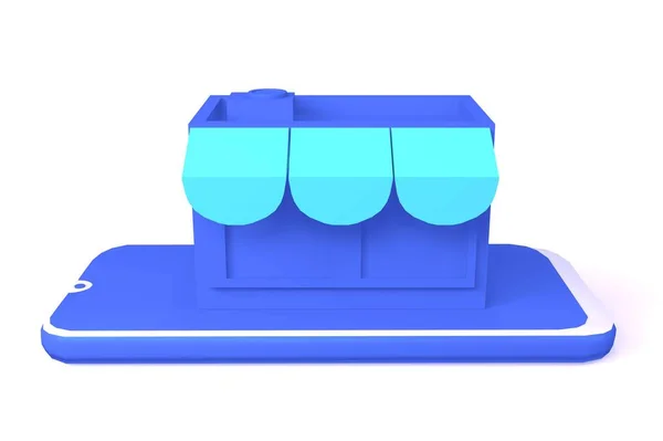 Izometryczny sklep internetowy 3d w kolorze niebieskim. — Zdjęcie stockowe