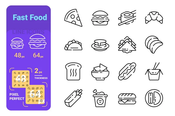 Fast and unhealthy food line icons set — Stockový vektor